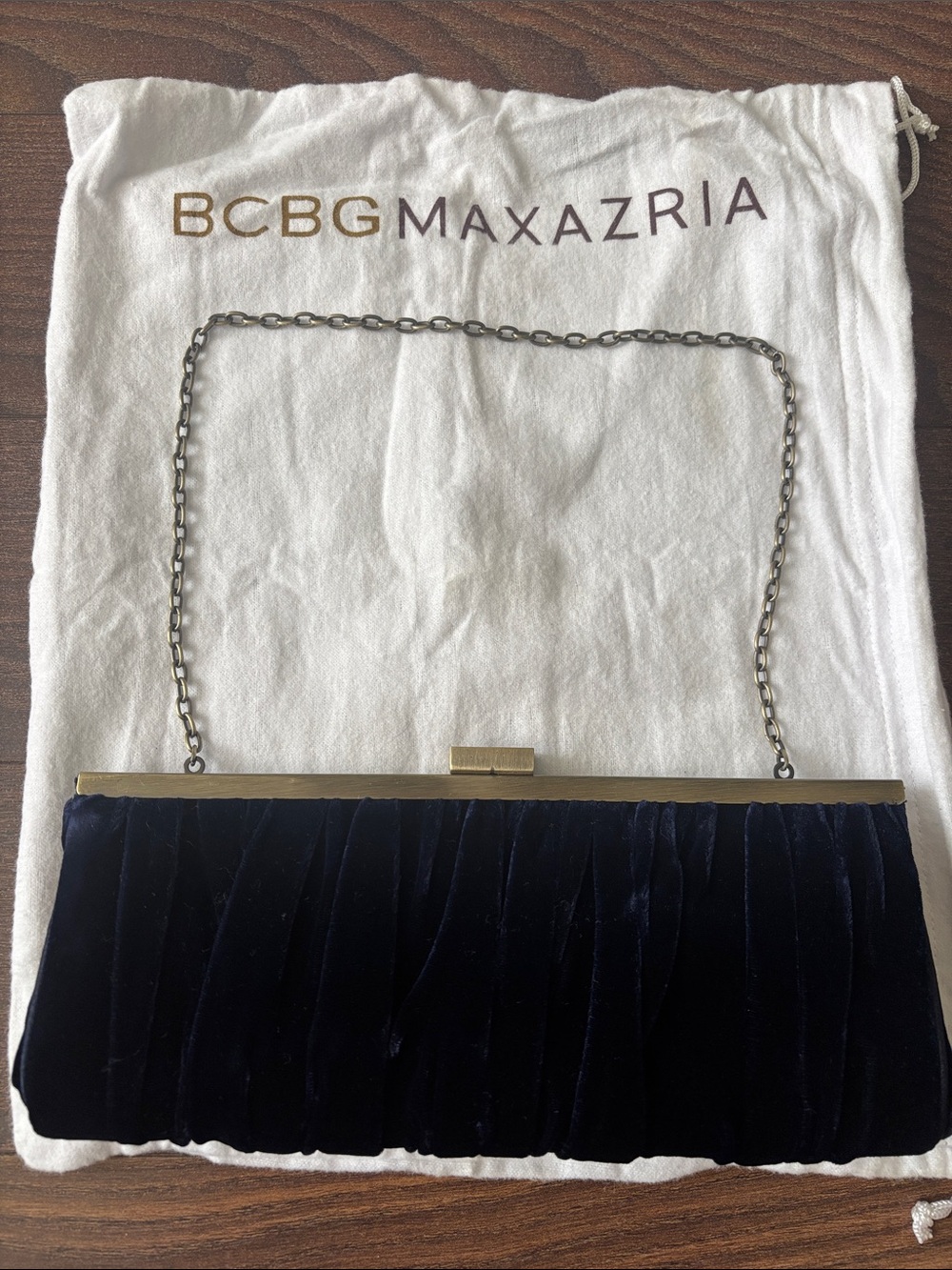 BCBGMaxAzria Navy Velvet Pleated Evening Clutch with Chain